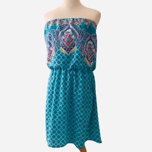 Xhilaration Strapless Summer Mini Dress Colorful w/ Pockets Turquoise Sz Medium